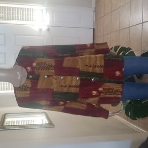 Elizabeth Williams m gold button scoopneck abstract fliral & patchwork long slee